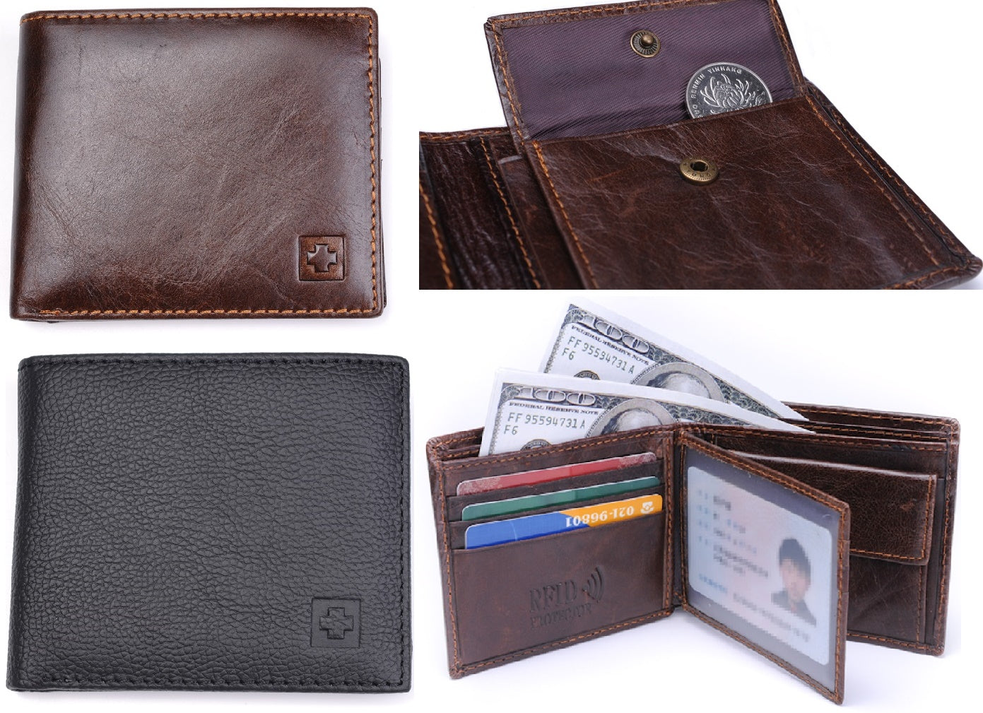 RFID Mens Womens Wallet Security Lined Full Grain Cow Leather BLACK BROWN M7