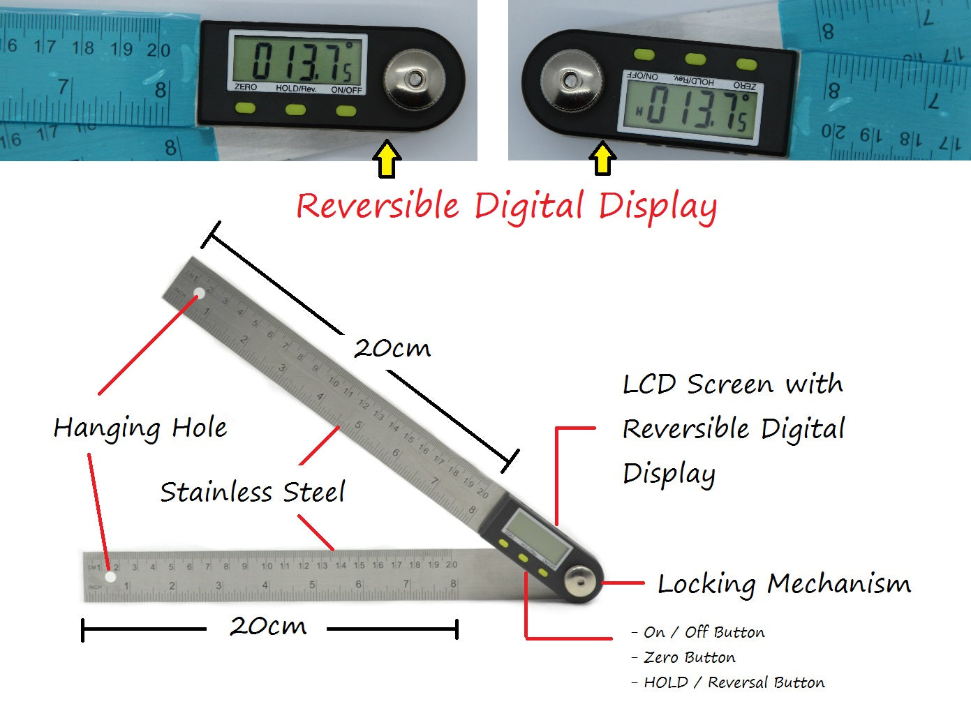 400mm 2 in1 Digital Angle Finder Meter Protractor Goniometer Ruler 360° Measurer