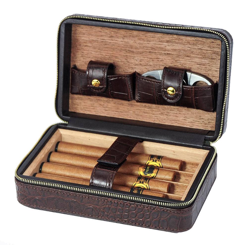 Travel Cigar case compact storage boxes Holder Dark Brown Croco Leather 36b