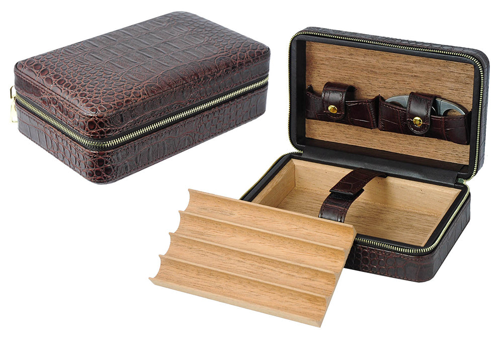 Travel Cigar case compact storage boxes Holder Dark Brown Croco Leather 36b