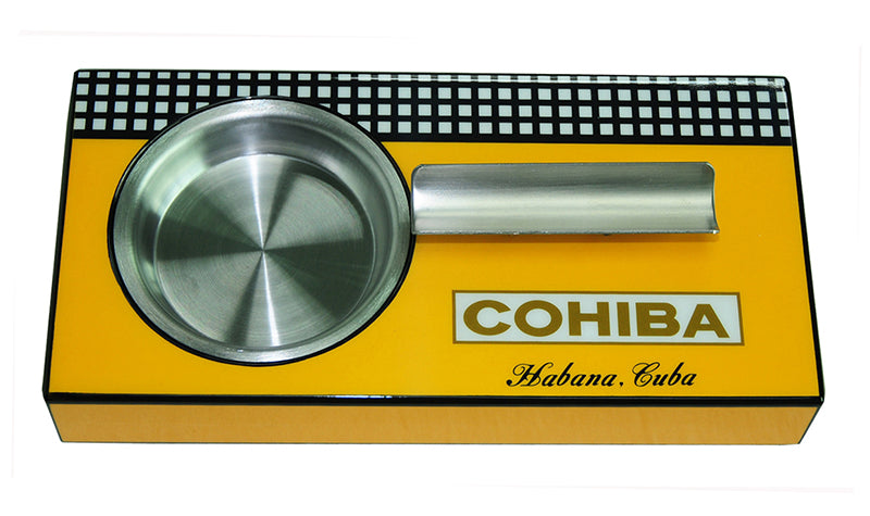 Cohiba Single Cigar Square Wooden Ashtray High Gloss Yellow Stainless Steel 39b