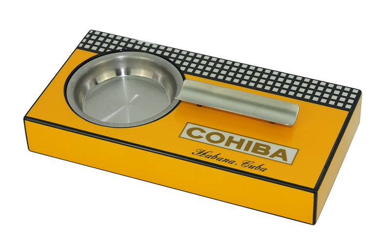 Cohiba Single Cigar Square Wooden Ashtray High Gloss Yellow Stainless Steel 39b