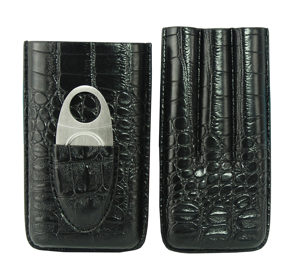 PU Leather Case Cigar Storage Carry Travel Case with Cigar Cutter BLACK Croc 43b