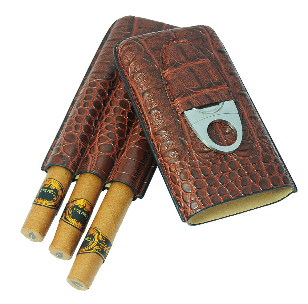 PU Leather Case Cigar Storage Carry Travel Case with Cigar Cutter BLACK Croc 44b