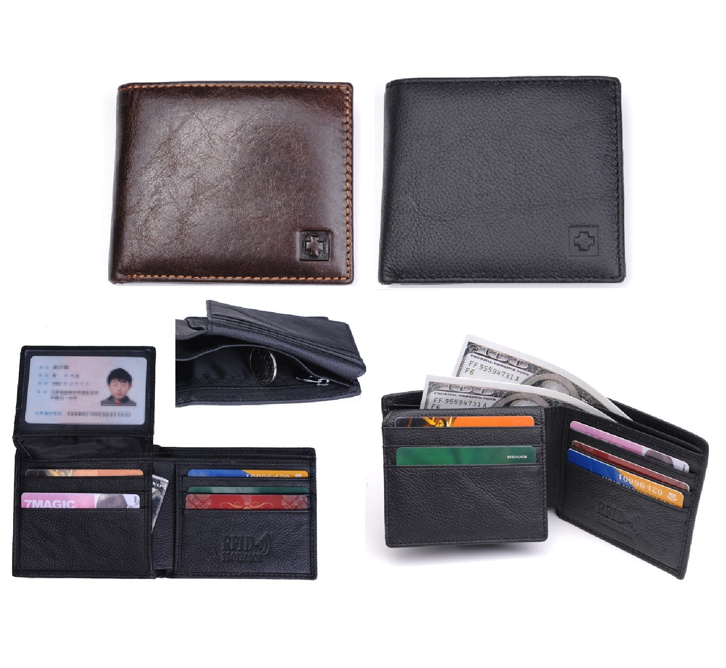 RFID Mens Womens Wallet Security Lined Full Grain Cow Leather BLACK BROWN M8