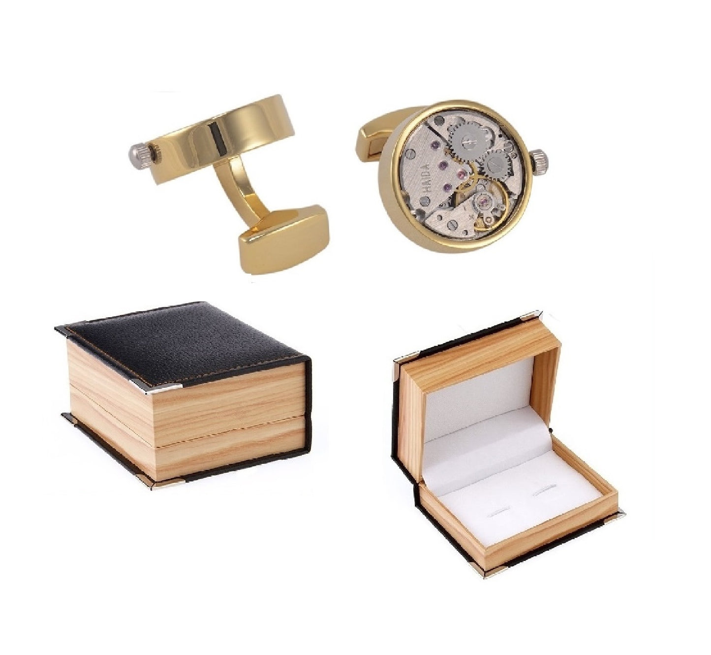 Mens Watch Movement Clockwork Work Steampunk Vintage Cufflinks + PU Leather Box