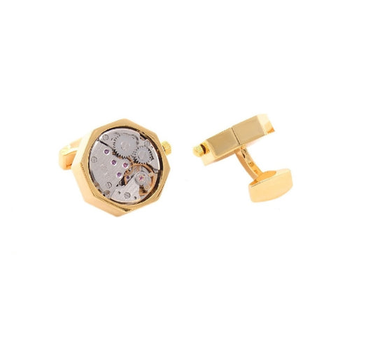 8 Sided Gold Wedding Watch Movement Cufflinks Steampunk Vintage Clockwork Moving