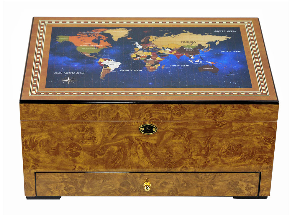 Luxury Cigar humidors World Map glossy Golden Oak Spanish cedar cigars box 18b